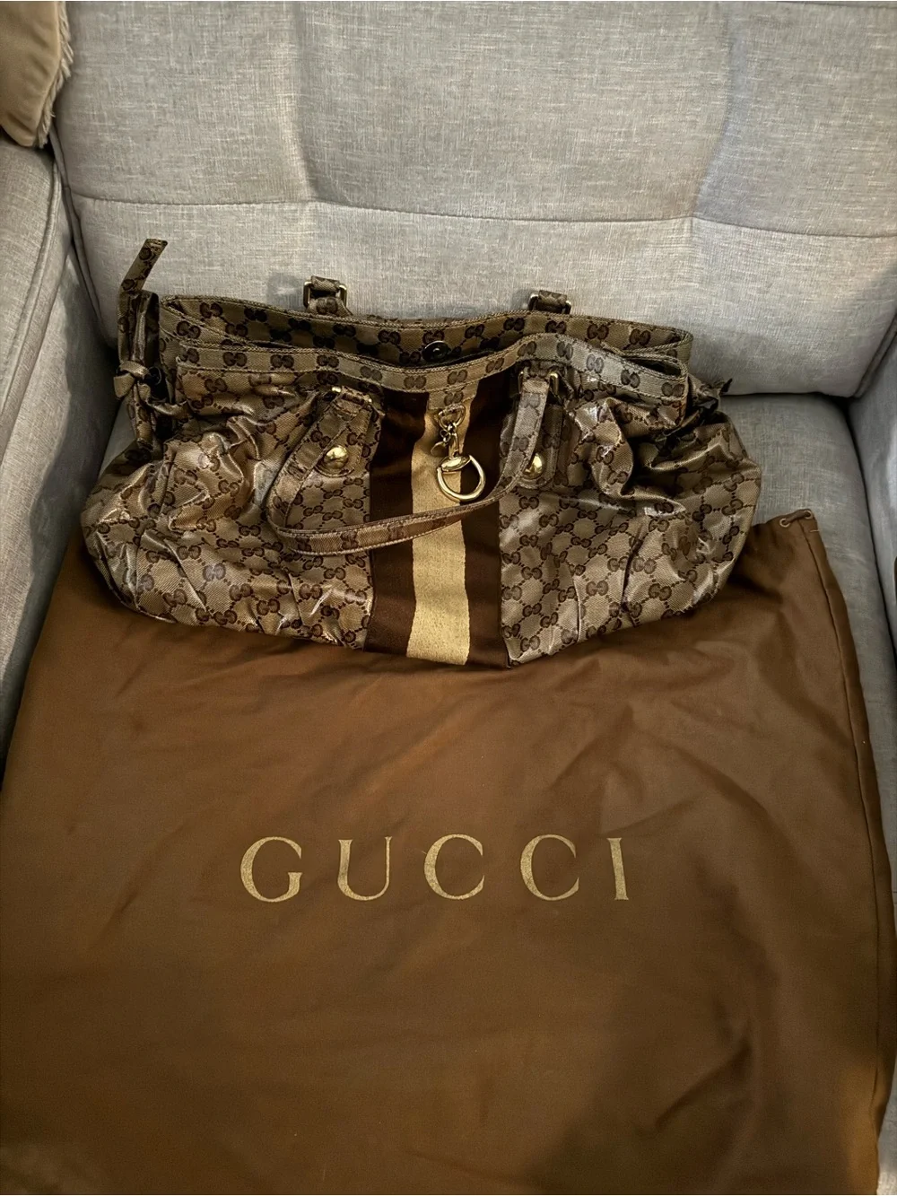 Gucci Brown Monogram Duffel with Dark Brown and Gold Stripe